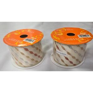 Wired Edge Ribbon 2.5" x 30' Fall lot of 2 Cream color with Silver Gold Bronze